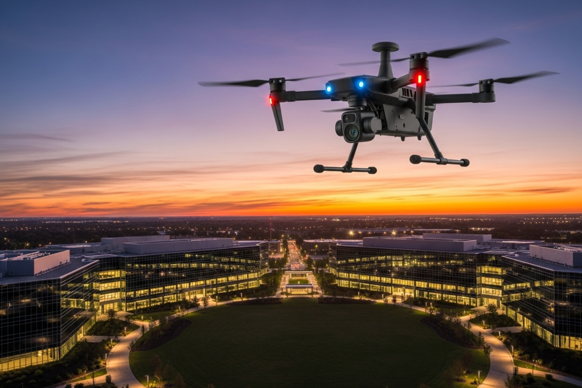 Drone de sécurité équipé de caméras avancées survolant un complexe d'entreprise