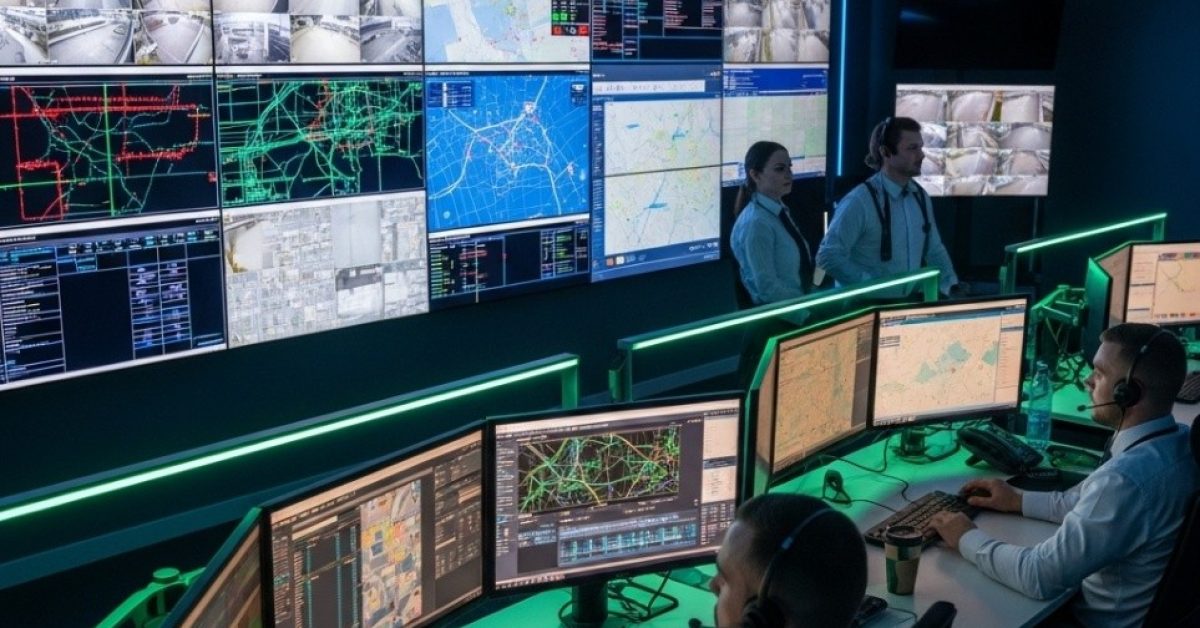 Salle de contrôle moderne avec opérateurs surveillant multiple écrans de sécurité en temps réel